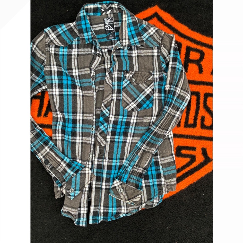 Billabong Mens Flannel Shirt Medium Blue Grey Plaid Long Sleeve Cotton Button Up